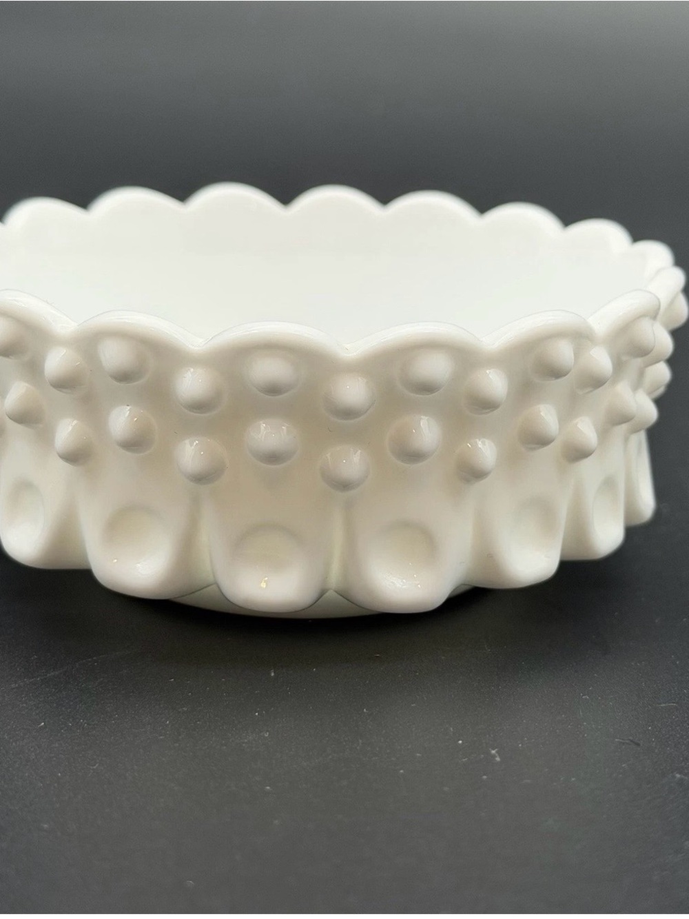 Vintage Fenton Milk Glass Hobnail Scalloped Edge Candle Holder Bowl